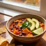vegetarian pumpkin chili recipe in rustic bowl