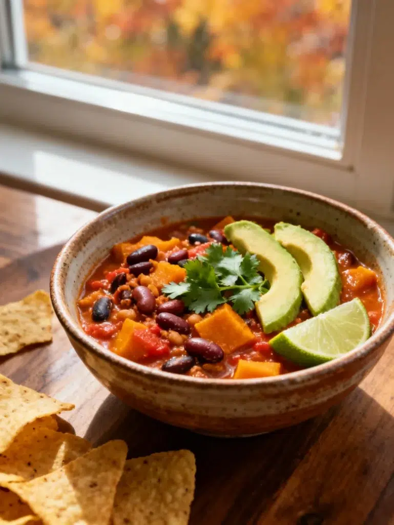 vegetarian pumpkin chili recipe in rustic bowl