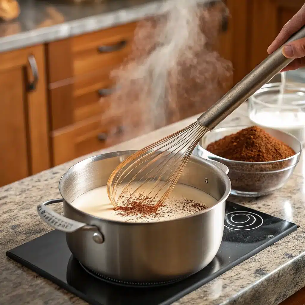 Cocoa powder being whisked into milk in a saucepan for hot chocolate.