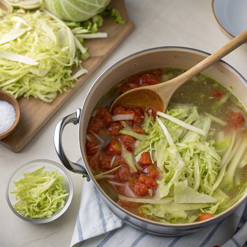 Shredded cabbage added into pot of simmering broth with vegetables