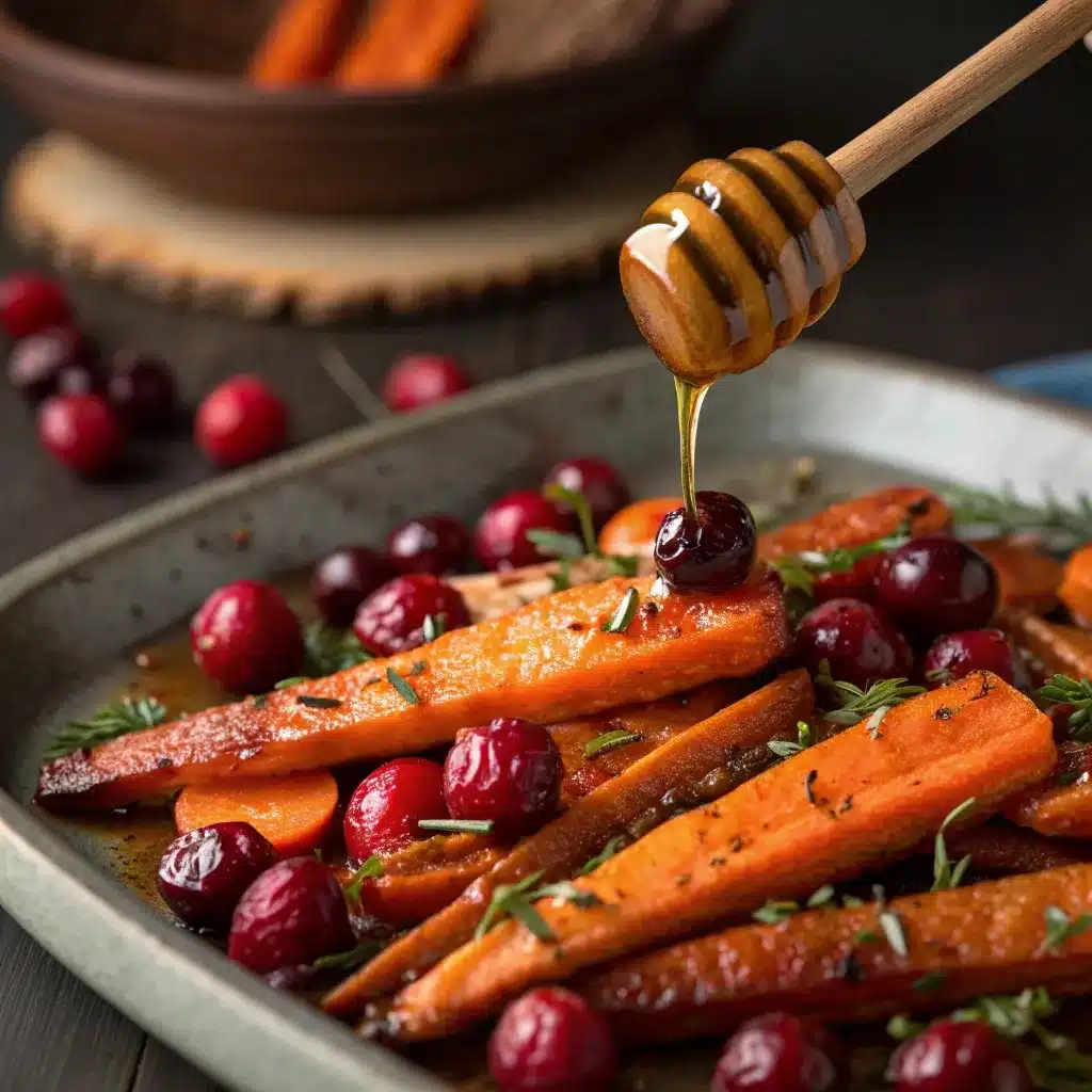 adding cranberries and hot honey to roasted carrots