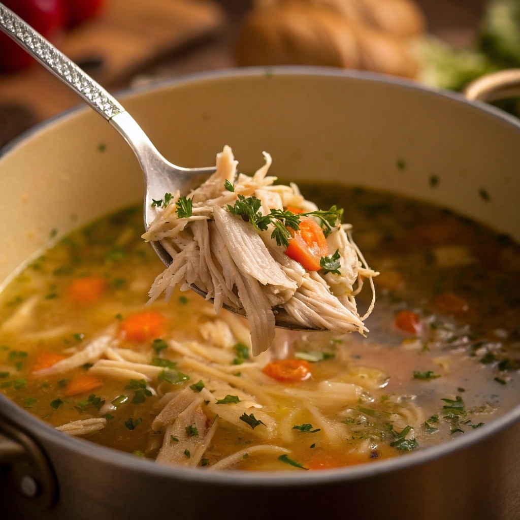 Cooked turkey being added to cabbage and vegetable soup