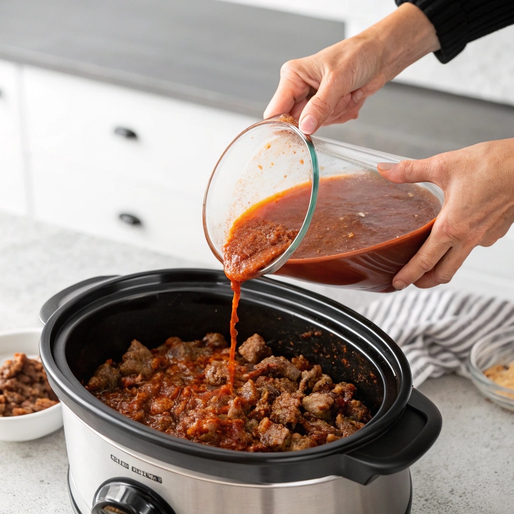 Adding beef, marinara, and broth to the slow cooker for lasagna soup
