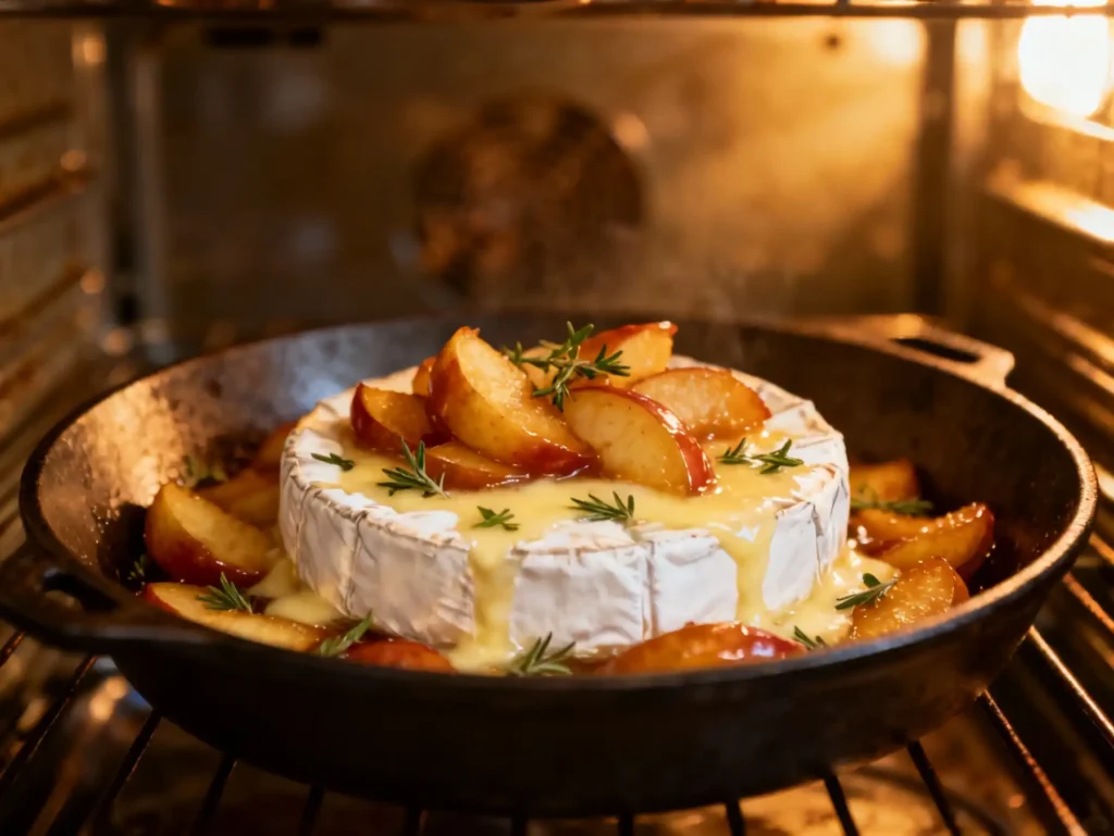 Brie topped with caramelized apples baking in oven