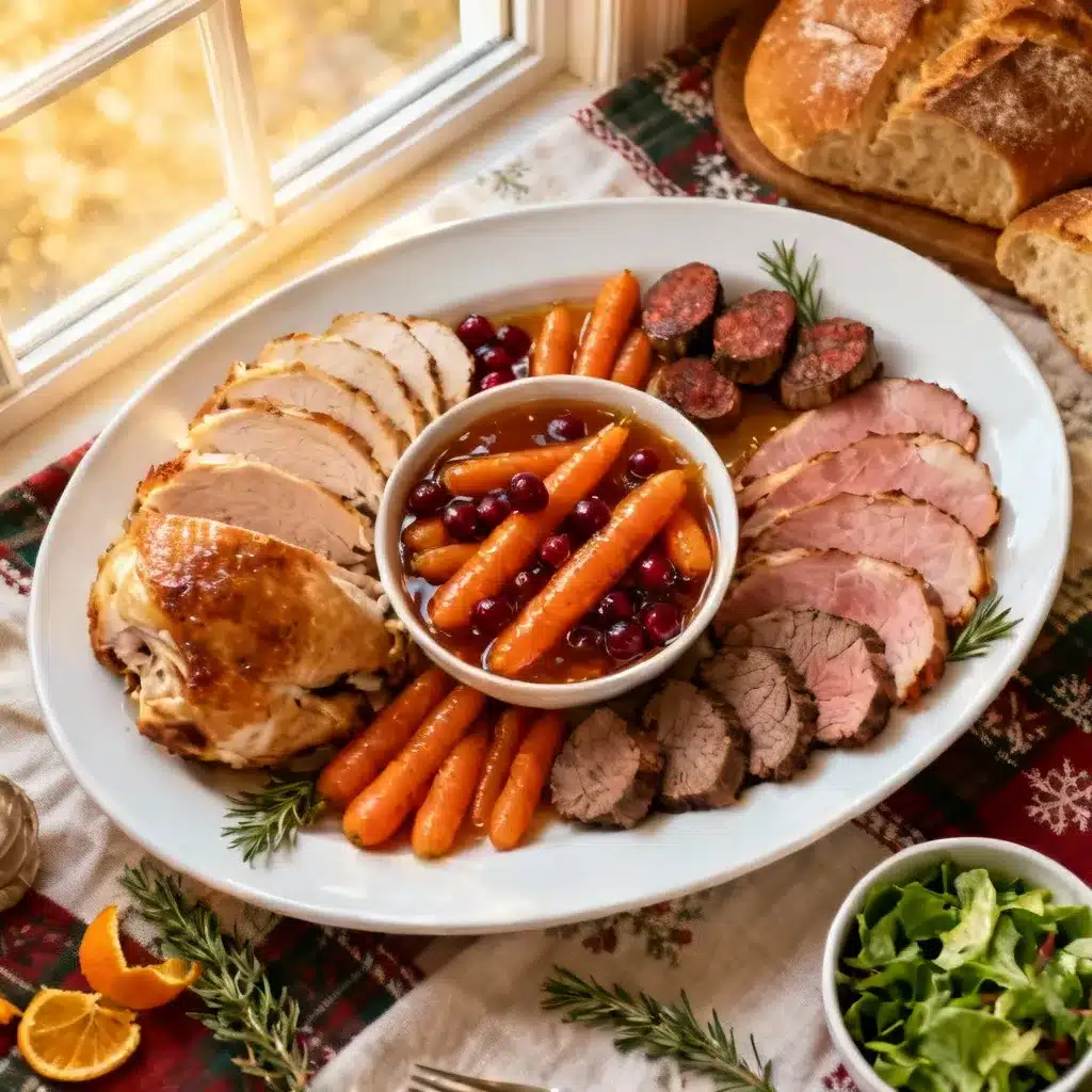 balanced holiday plate featuring hot honey roasted carrots with cranberries, roast chicken, ham, beef, bread, and green salad
