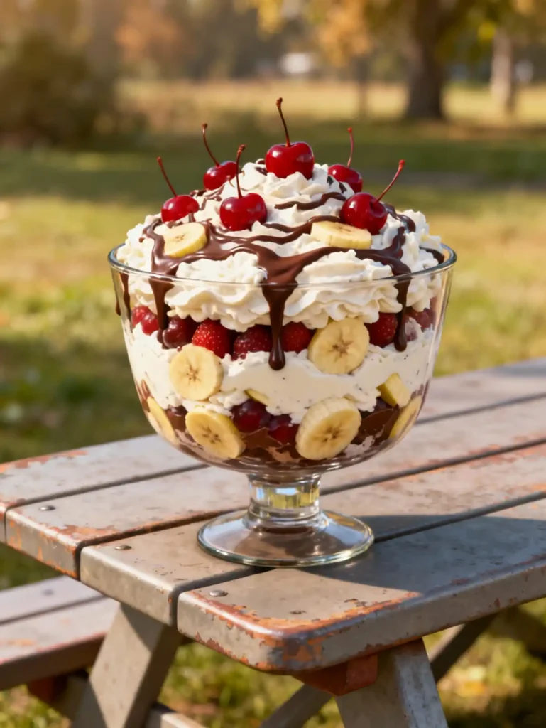 Banana Split Fluff Salad Recipe in a trifle bowl