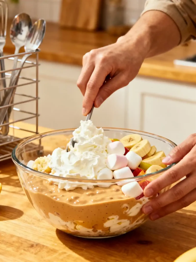 Mixing banana split fluff salad ingredients