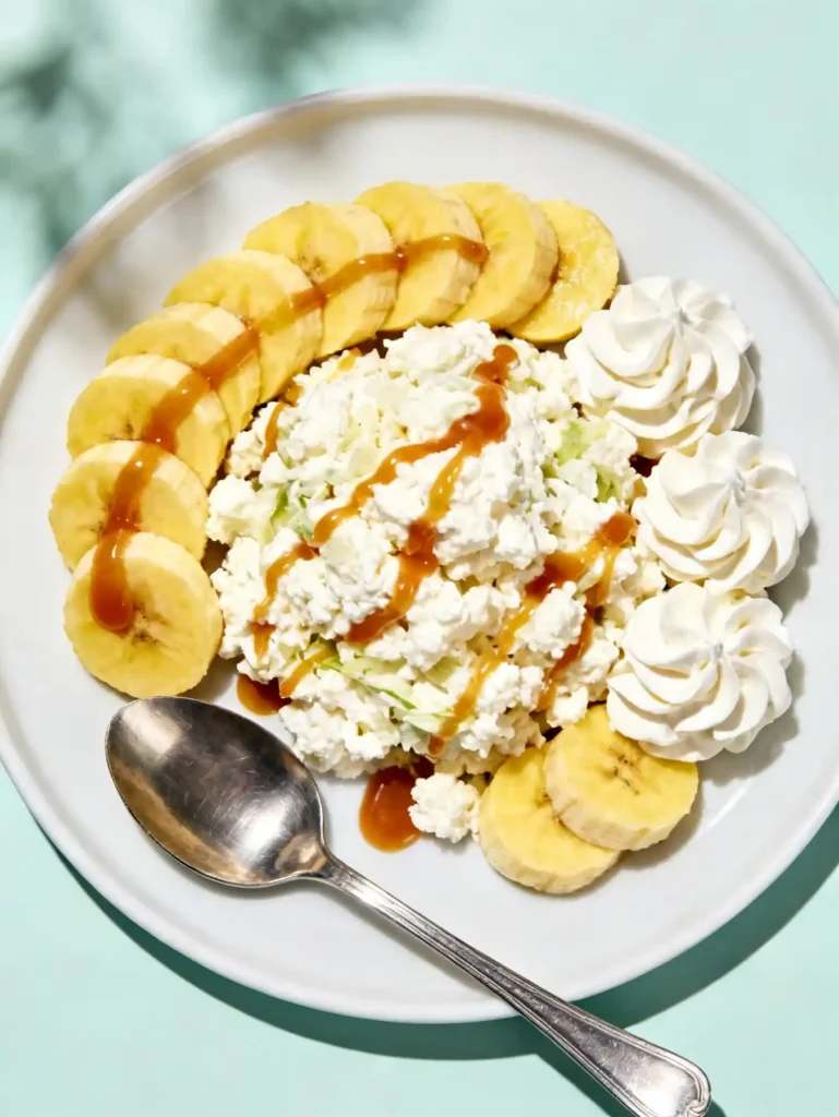 Plated banana split fluff salad recipe