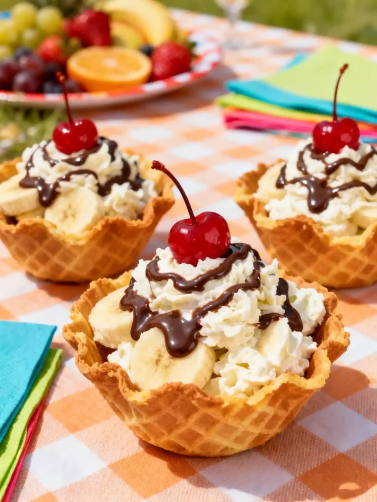 Banana split fluff salad served in waffle bowls