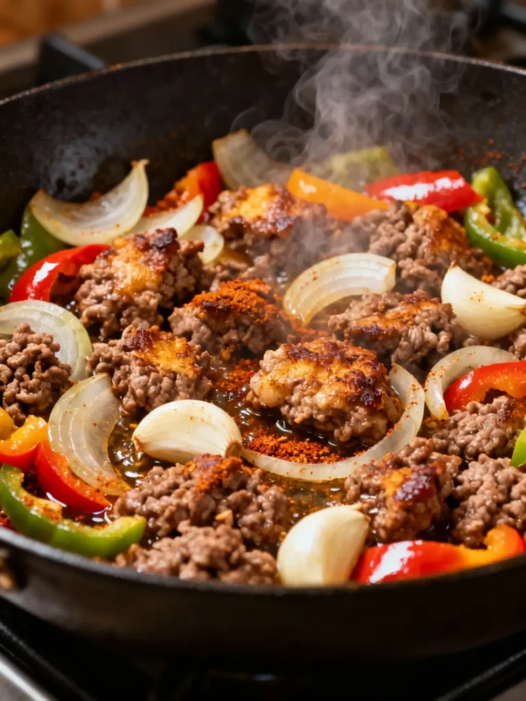 Ground beef filling for empanadas cooking in pan