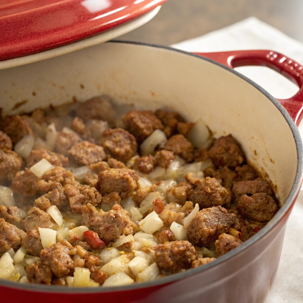 Butternut Squash and Sausage Tortellini Soup base with browned sausage, onion, garlic, fond in Dutch oven