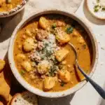 Butternut Squash and Sausage Tortellini Soup in a steaming bowl with parmesan and thyme