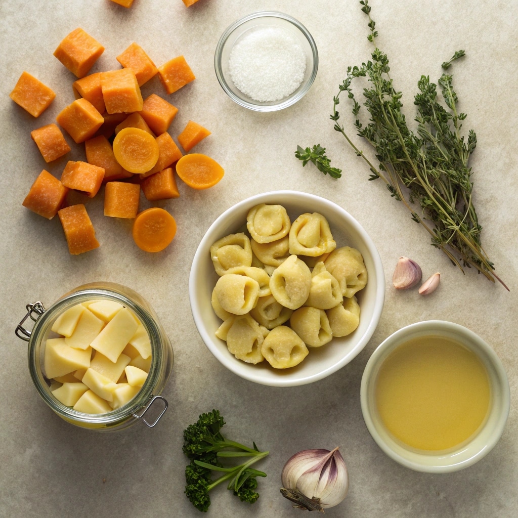 Butternut Squash and Sausage Tortellini Soup ingredients laid out: squash, sausage, tortellini, broth, cream, aromatics