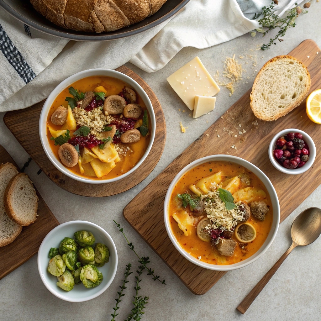 Butternut Squash and Sausage Tortellini Soup with Brussels sprouts side, bread, and garnishes