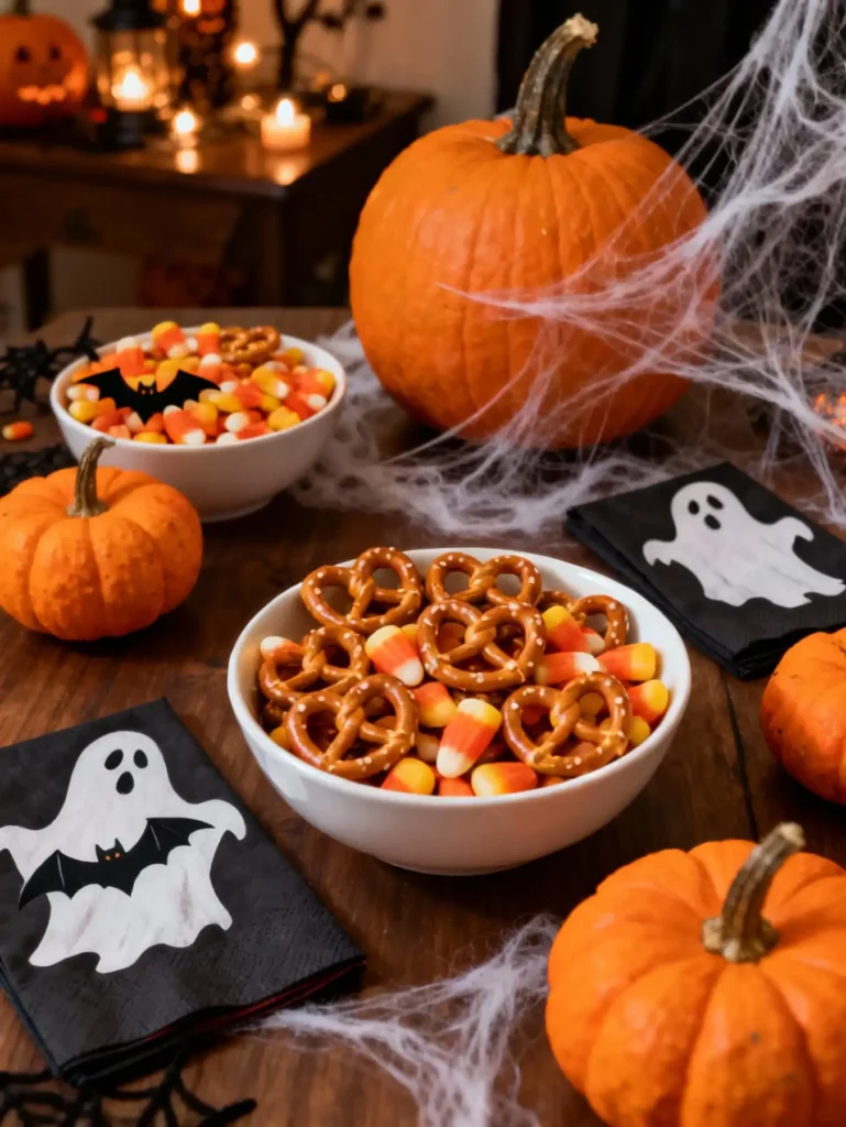 Halloween-themed candy corn pretzel hugs display