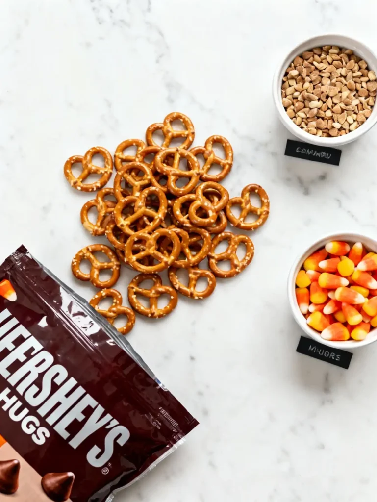 Candy corn pretzel hug ingredients on a counter