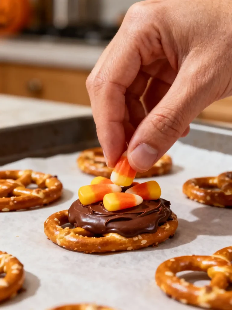 Making candy corn pretzel hugs step-by-step