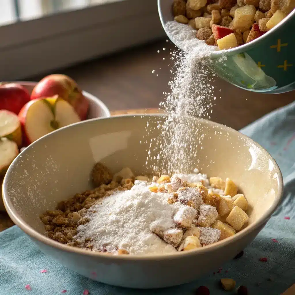 batch tossing powdered sugar on caramel apple puppy chow