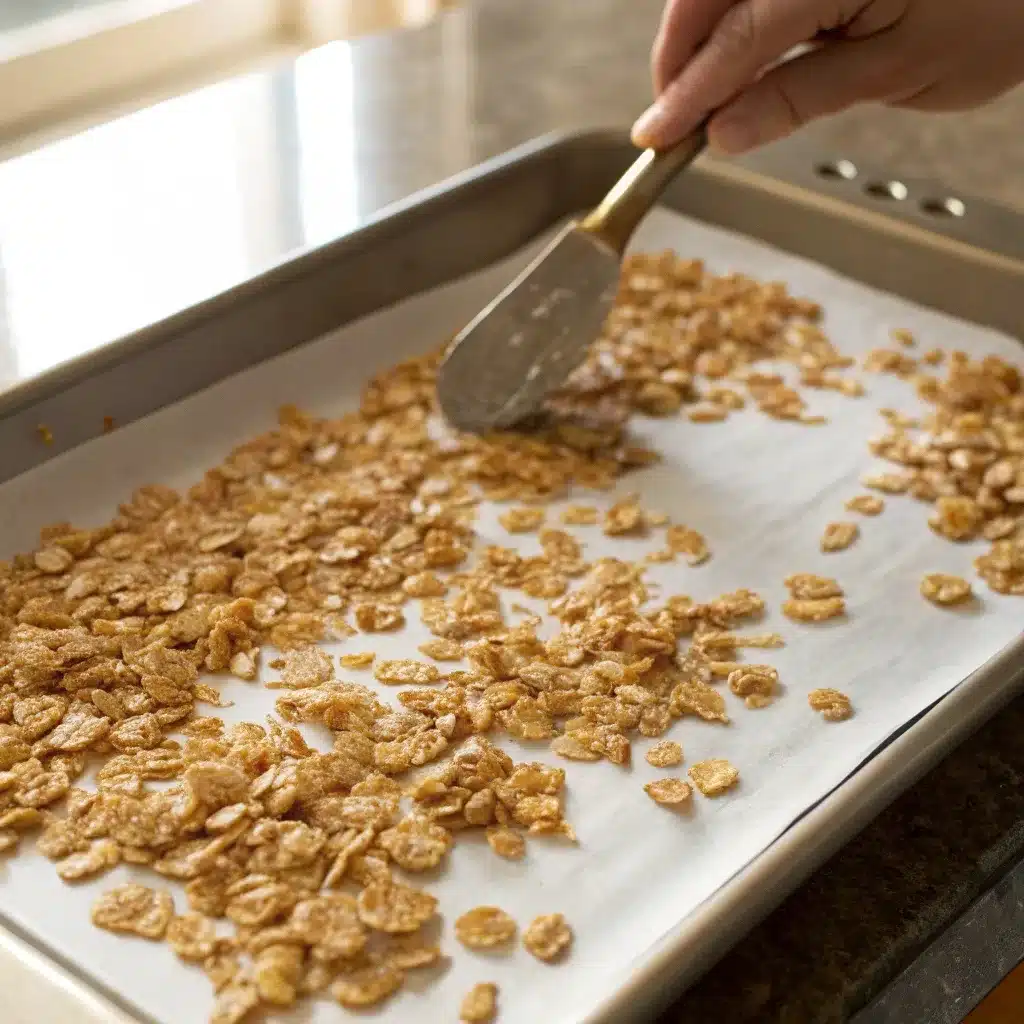 coated cereal spread on parchment for caramel apple puppy chow