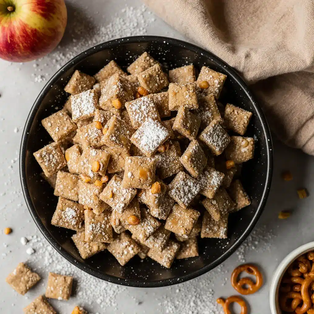caramel apple puppy chow with apple chips and powdered sugar