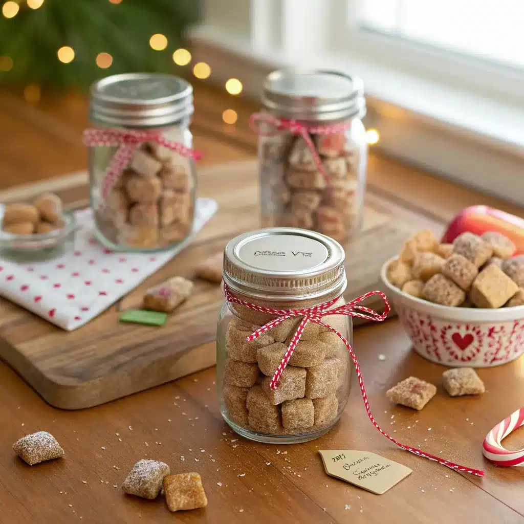 jars of caramel apple puppy chow with ribbons and tags