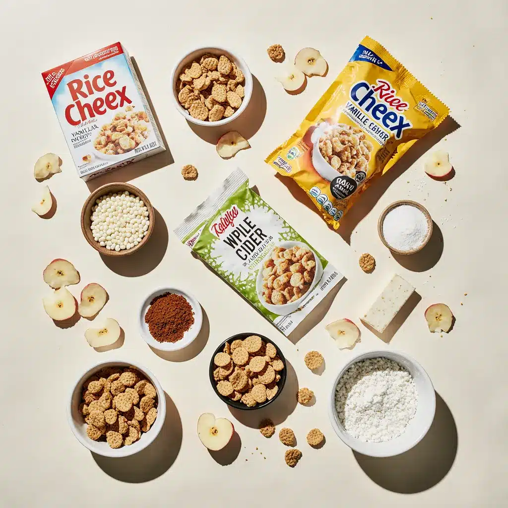 ingredients for caramel apple puppy chow including Chex, white chocolate, apple chips