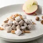 close-up of caramel apple puppy chow with apple chips