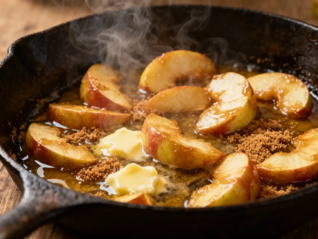 Apples caramelizing in skillet with butter and sugar