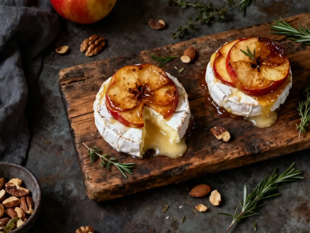 Caramelized Baked Apples with Brie on rustic board