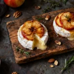 Caramelized Baked Apples with Brie on rustic board