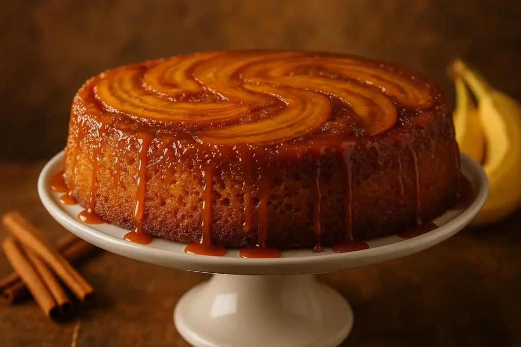 Caramelized banana upside down cake on white cake stand