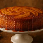 Caramelized banana upside down cake on white cake stand