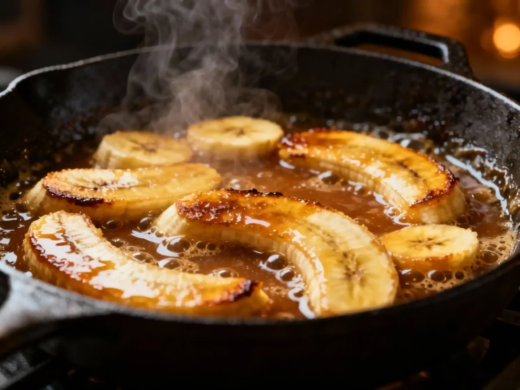 Bananas cooking in brown sugar caramel
