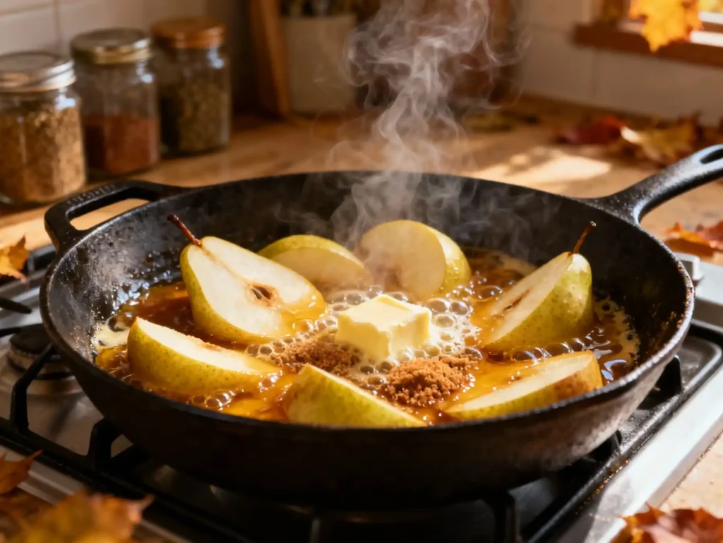 Caramelized pear topping preparation