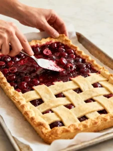 Assembling cherry slab pie recipe in baking sheet