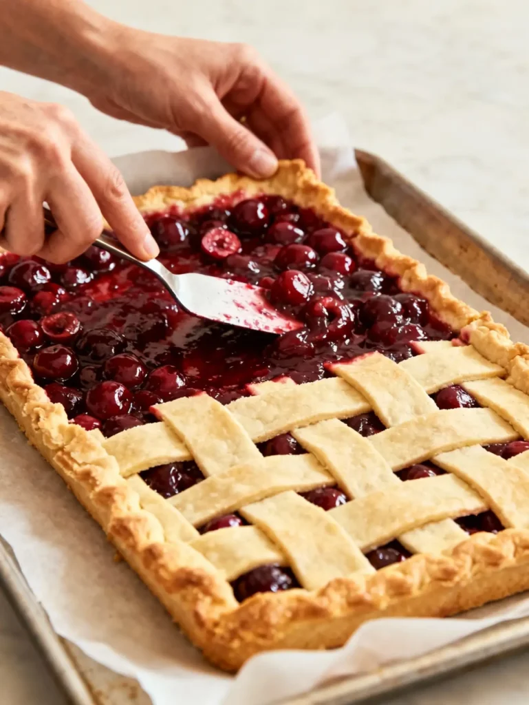 Assembling cherry slab pie recipe in baking sheet