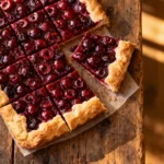 Cherry slab pie recipe sliced in squares on rustic table