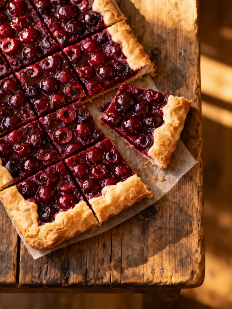 Cherry slab pie recipe sliced in squares on rustic table