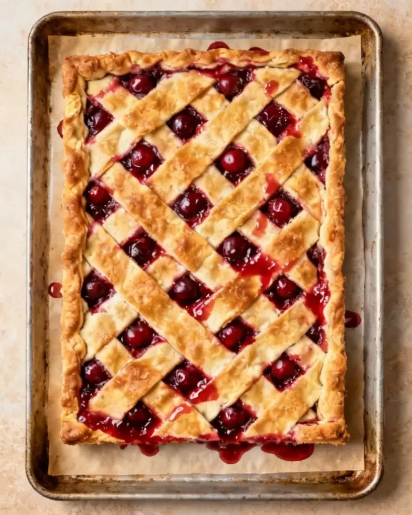 Finished cherry slab pie in baking sheet