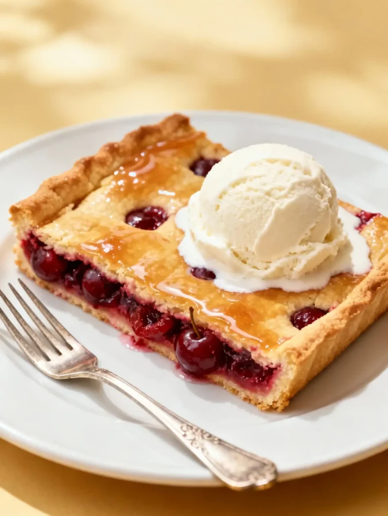Serving slice of cherry slab pie with ice cream