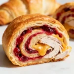 Flaky crescent roll turkey pinwheel with visible cranberry and cheese filling