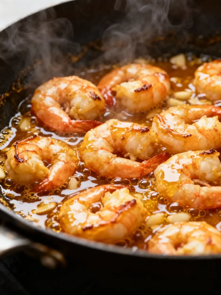 Shrimp cooking in honey garlic sauce