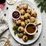 Cranberry Turkey Stuffing Balls on a platter with gravy and cranberry dips