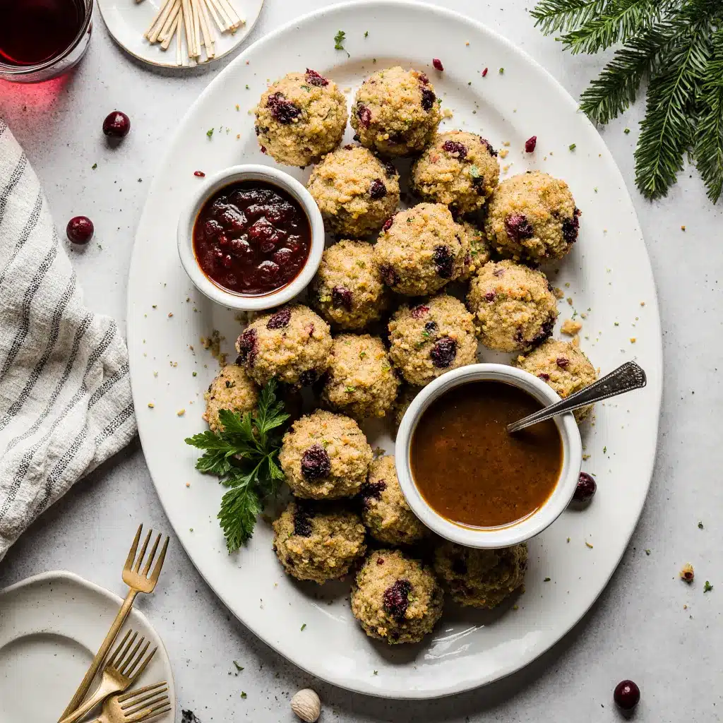 Cranberry Turkey Stuffing Balls on a platter with gravy and cranberry dips