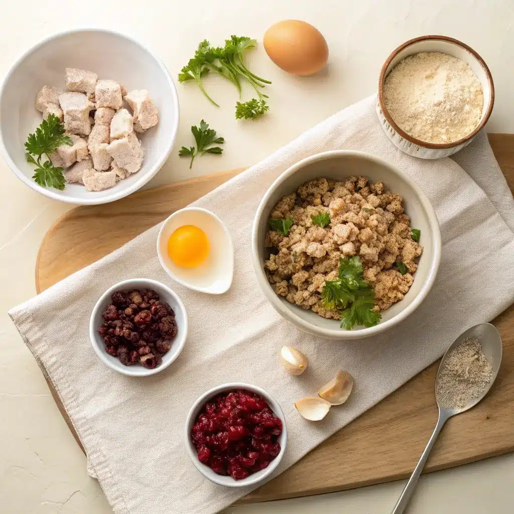 chopped turkey, day-old stuffing, dried cranberries, egg, stock, herbs on board