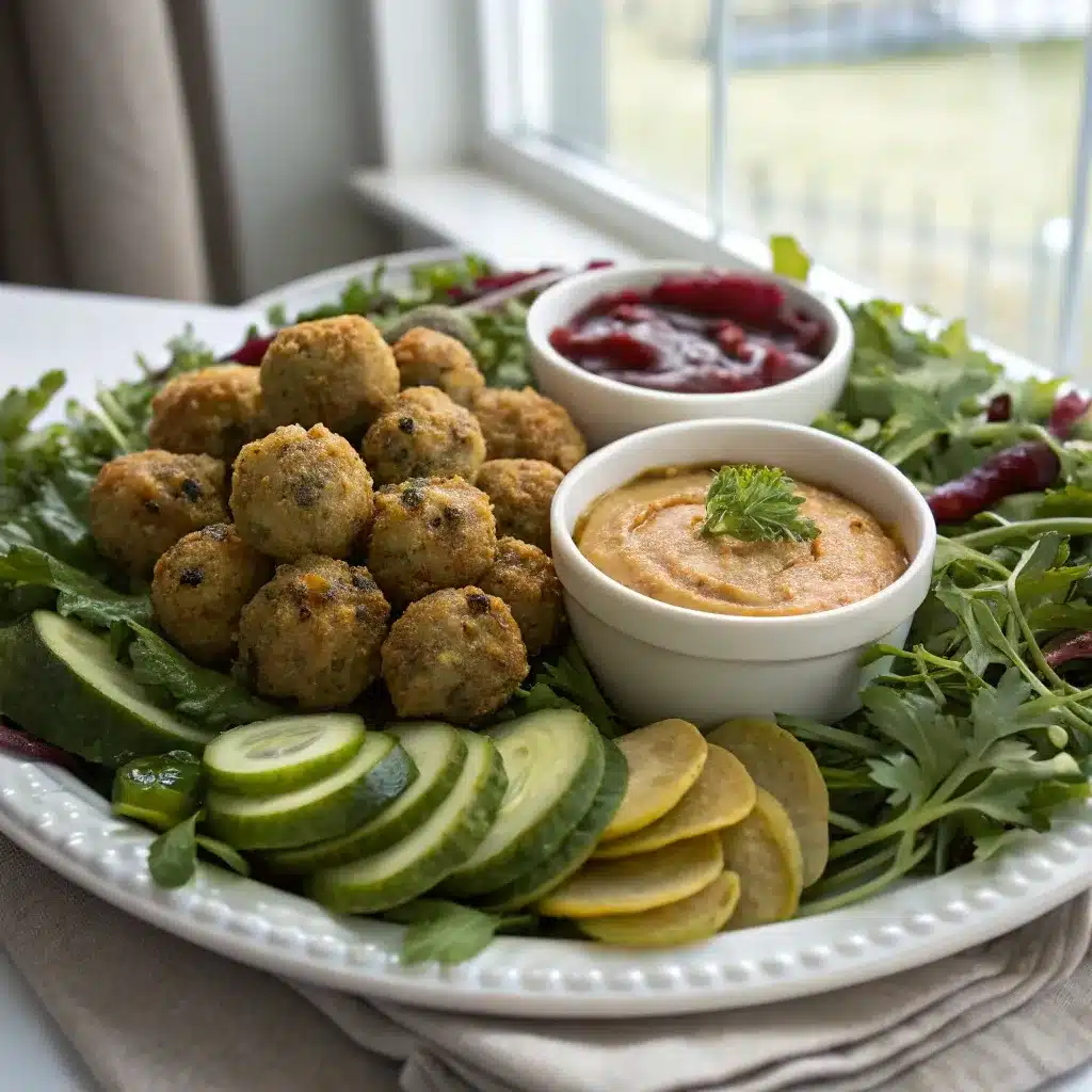 stuffing balls arranged on greens with two dips and pickles