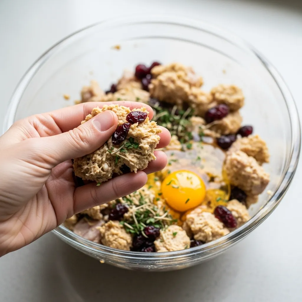 mixing stuffing, turkey, and cranberries in a bowl with a squeeze test portion