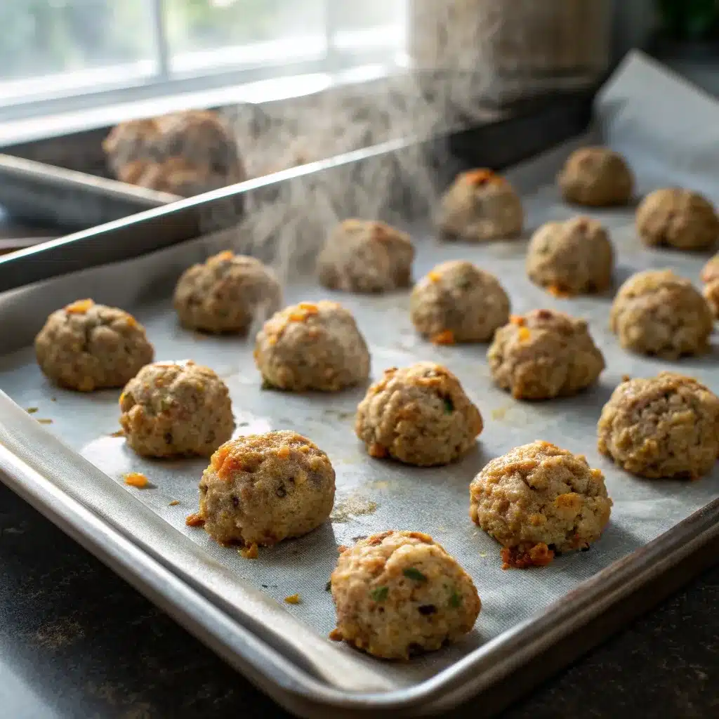 tray of baked stuffing balls with crisp golden edges
