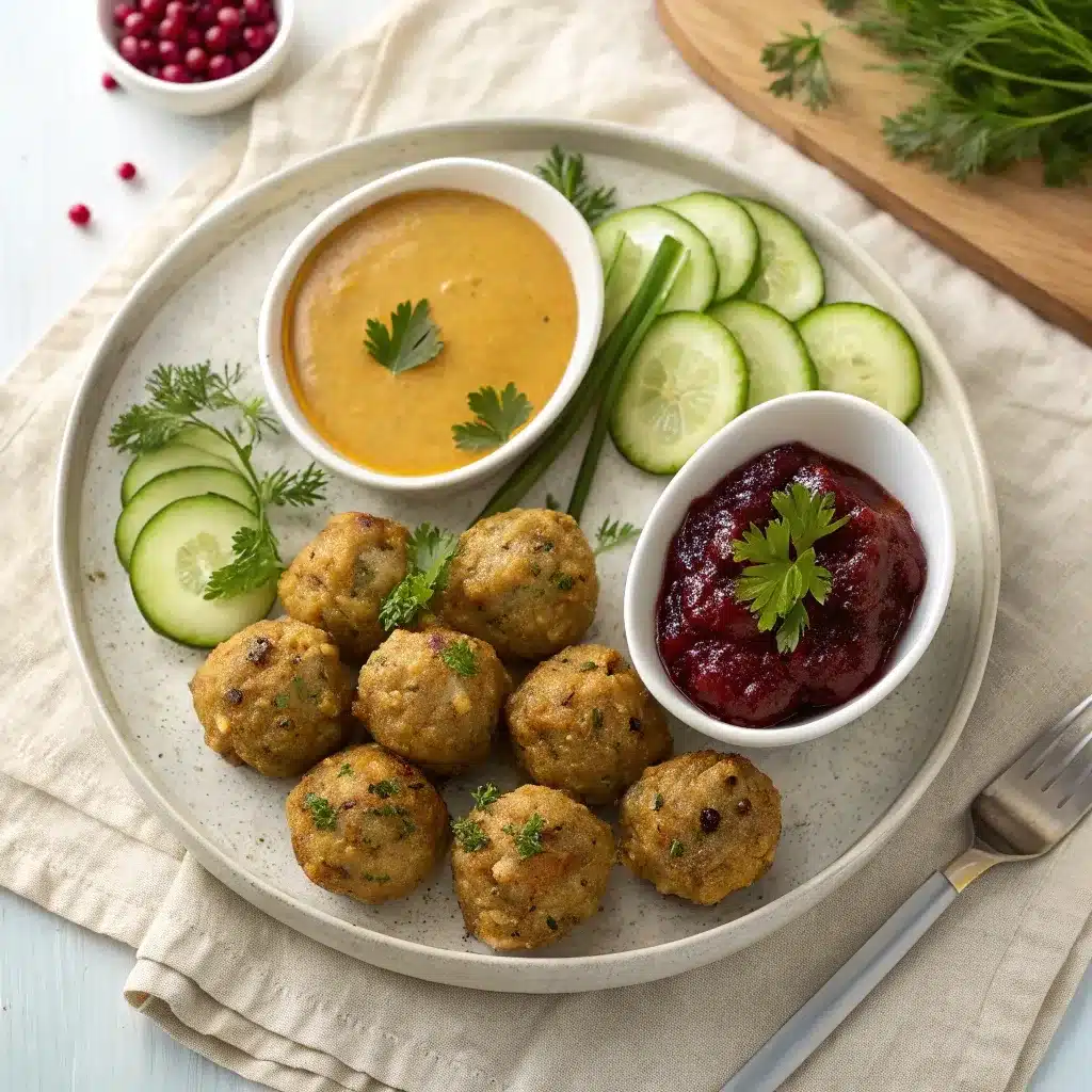 platter of stuffing balls with gravy and cranberry mustard dips