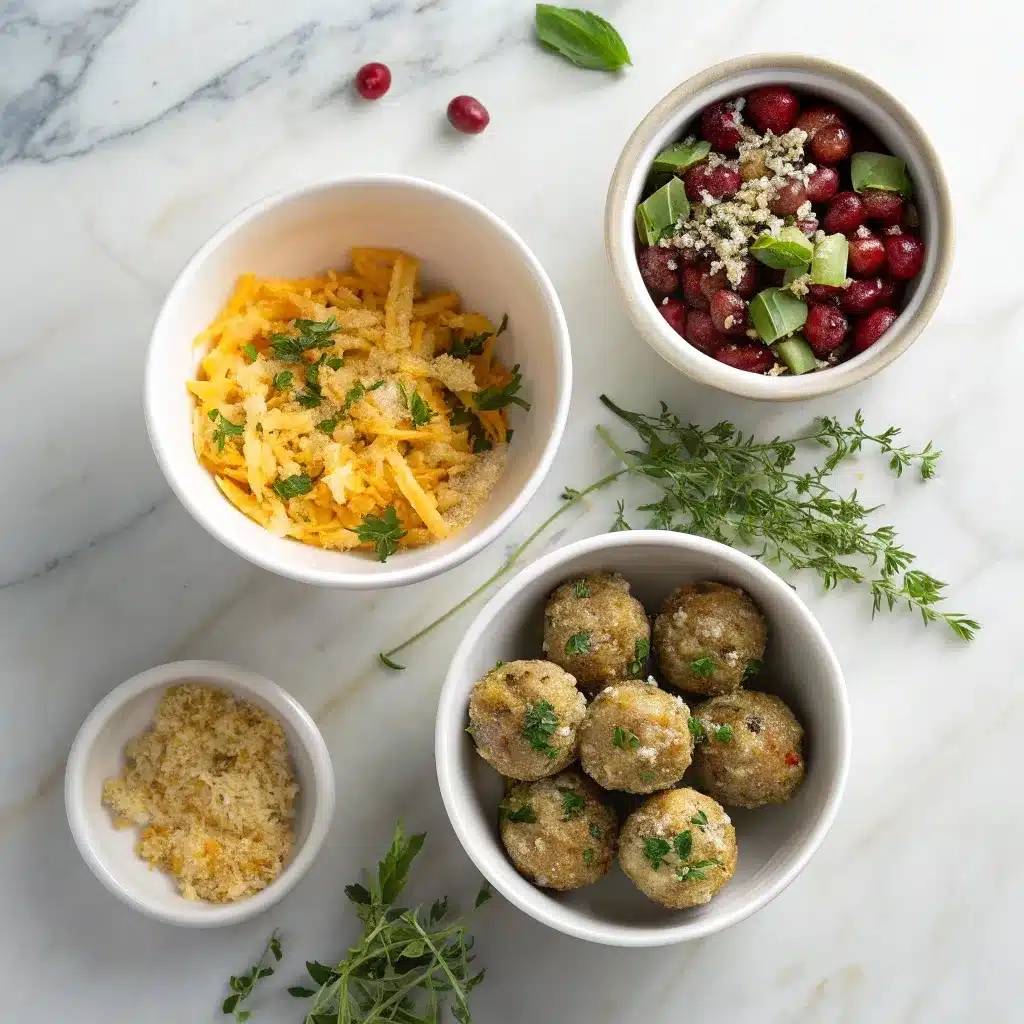 three small bowls showing herb, orange-cranberry, and pecan-sage mix-ins